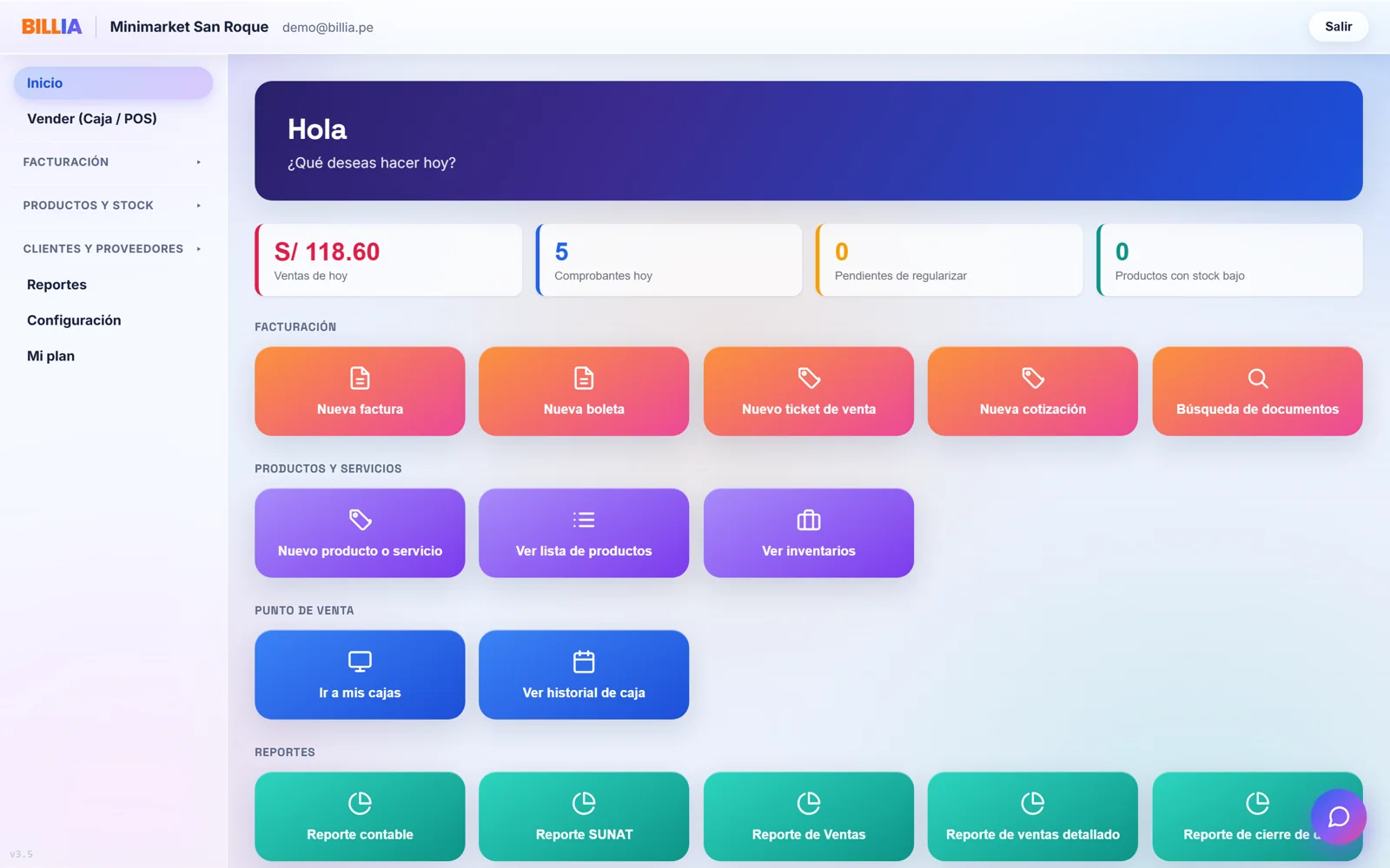 Panel de inicio de BILLIA: ventas del día, comprobantes y accesos rápidos